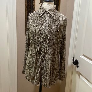 Liz Claiborne Lined Top, XL, Ruffled Front, 9-Button, Long Sleeve, Br/Lt Br, NWT